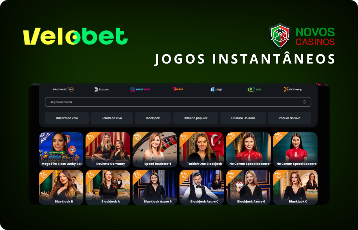 Jogos instantâneos ao vivo no Velobet com várias opções de roleta, blackjack e bacará